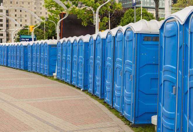 Seasonal porta potty units set up at a Cranford, New Jersey venue